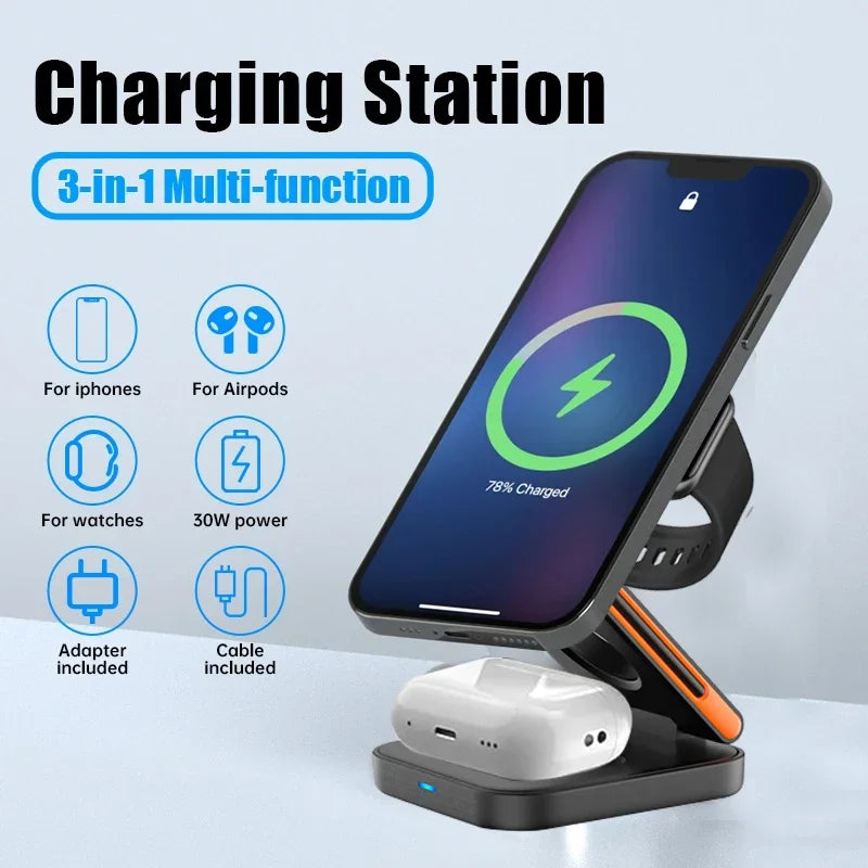 3-in-1 Magnetic Charger for iPhone, Watch & AirPods
