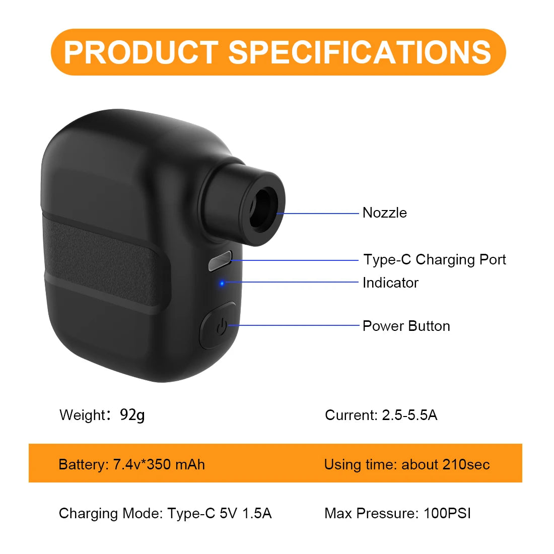 Rechargeable Mini Bike Pump – 100 PSI USB-C